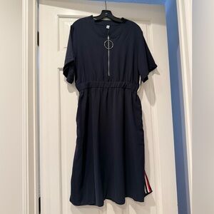 Navy Zip-Front Midi Dress with Ring Pull